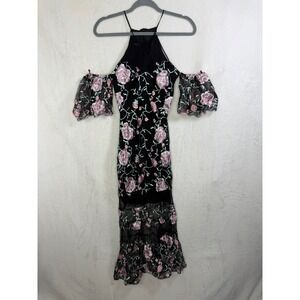 IORANE Floral Embroidered Mesh Dress Women Size S Black Pink Cold Shoulder Halt
